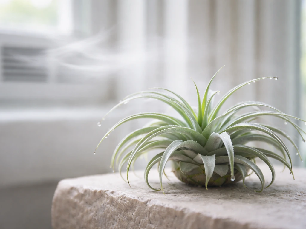 Close-up of a Tillandsia air plant by a window with subtle droplets and gentle airflow from a nearby vent.