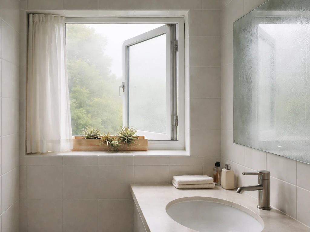 Minimal bathroom scene with a window and bright humid light, suggesting good airflow for tillandsia.