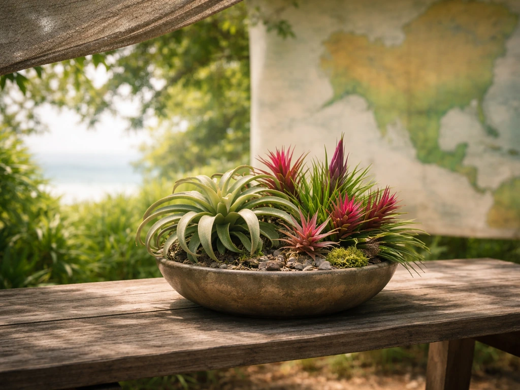 Minimal photo of an outdoor garden display with shade cloth and tropical plants by a simple climate map backdrop