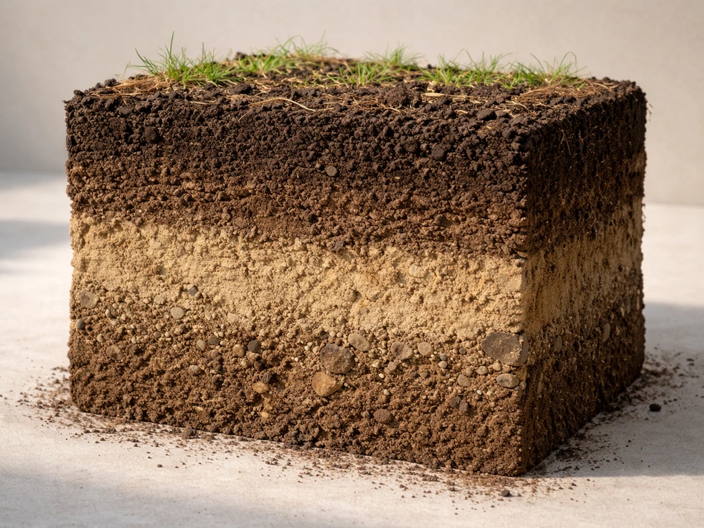 Photo-like cross-section of soil horizons with darker topsoil and lighter subsoil layers.