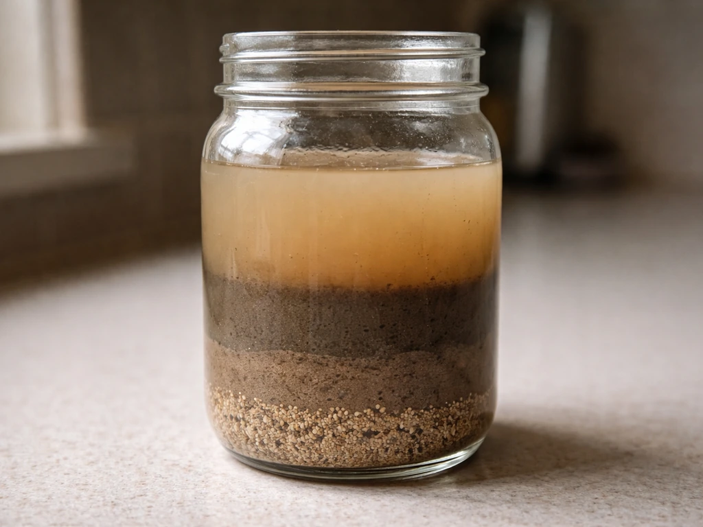 Clear jar with layered soil sediment showing sand, silt, and clay strata.