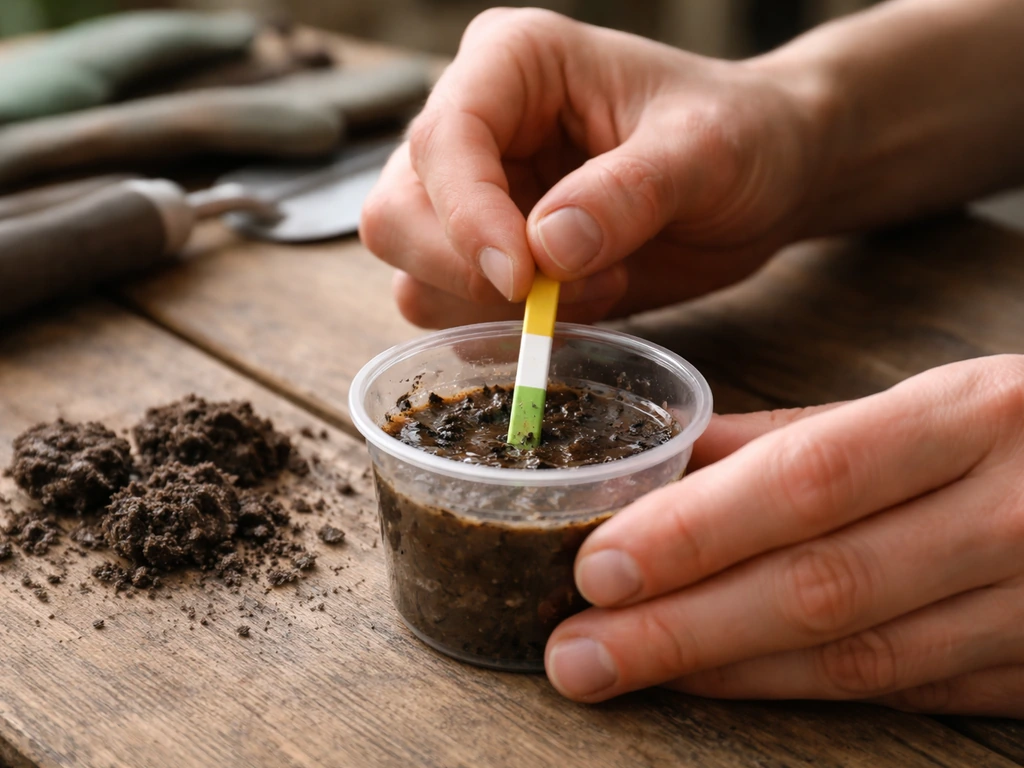 Close-up of a soil sample and pH test strip kit being dipped to measure acidity