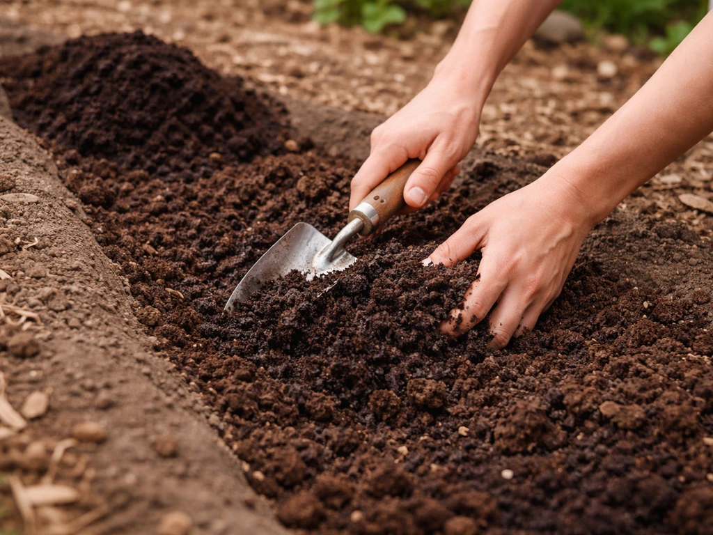 Hands mixing compost into an existing garden bed, with rich dark soil and mulch nearby