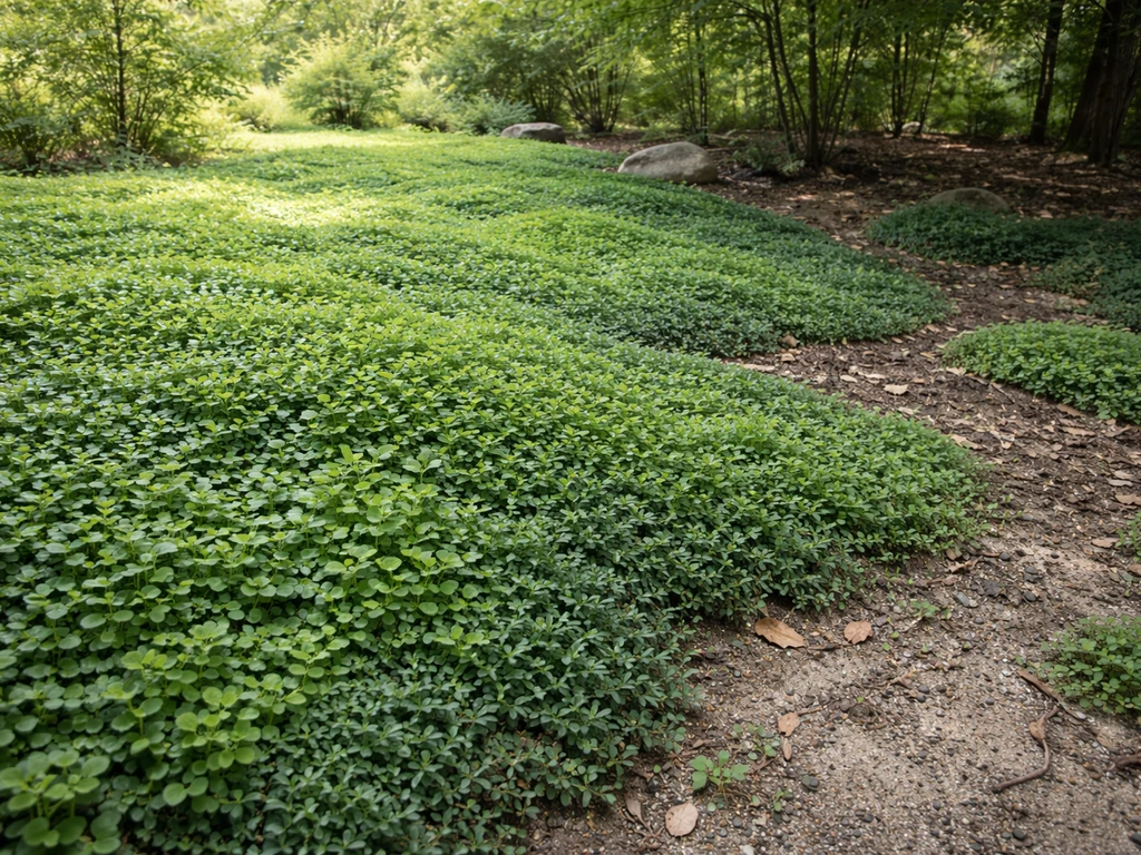 Thick low ground cover thriving across mixed sunny and shaded soil in a natural yard.