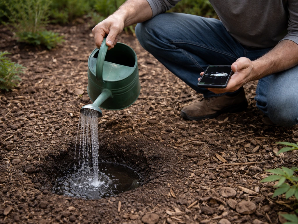 Homeowner kneeling in a backyard hole with a watering can, timing drainage for soil assessment.