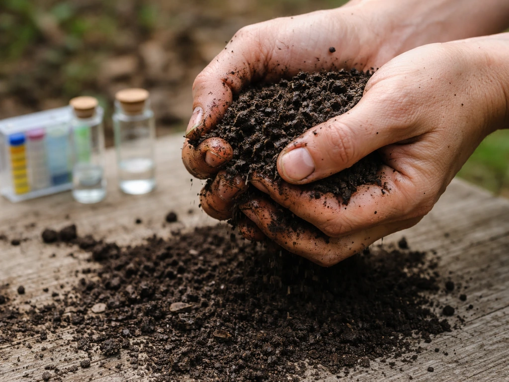 Anonymous hands squeezing moist soil close-up with small glass vials and a pH kit nearby
