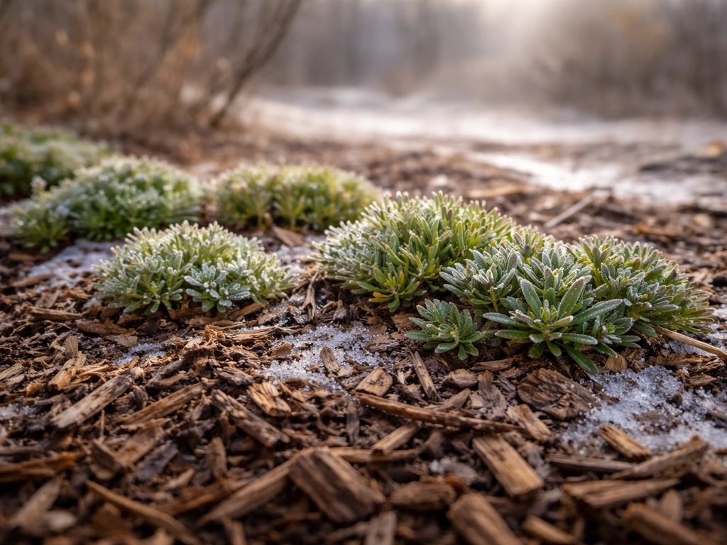 Ground cover crowns in mulch with frost and early thaw glistening in a quiet winter garden bed.