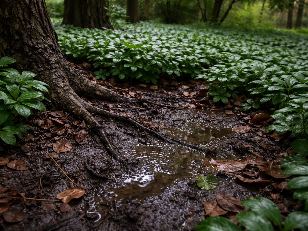 Moist soil under trees with dense low ground cover filling in beneath competing roots.