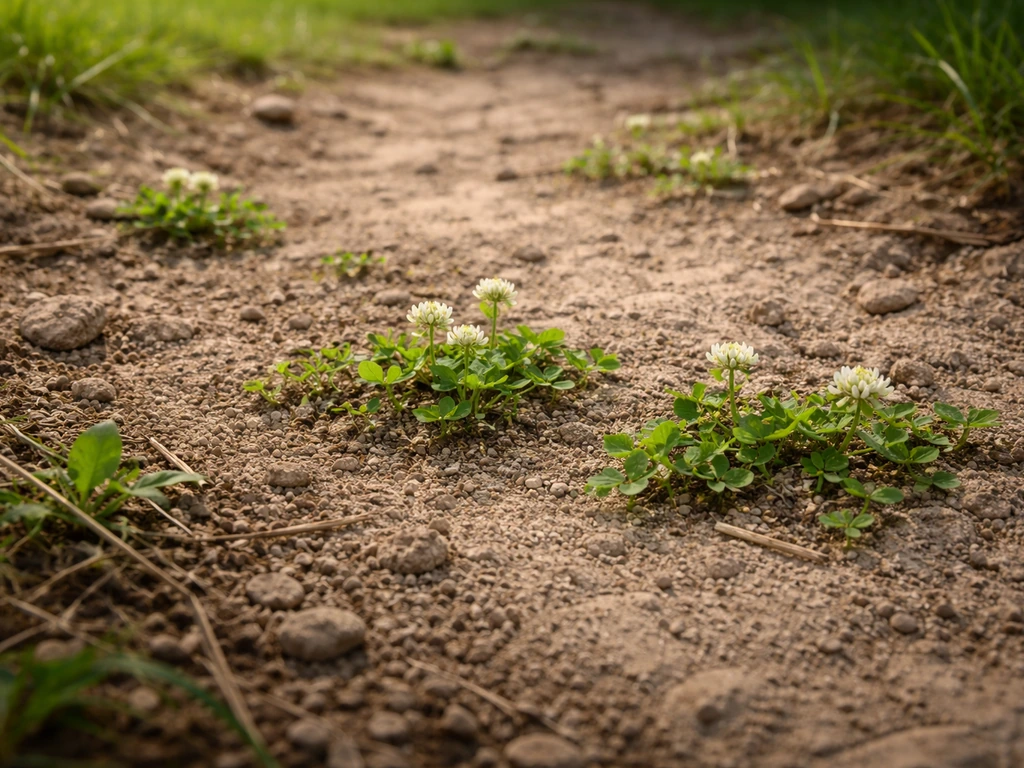 White clover seedlings growing in hard-packed, mixed-light soil with worn lawn edges visible.