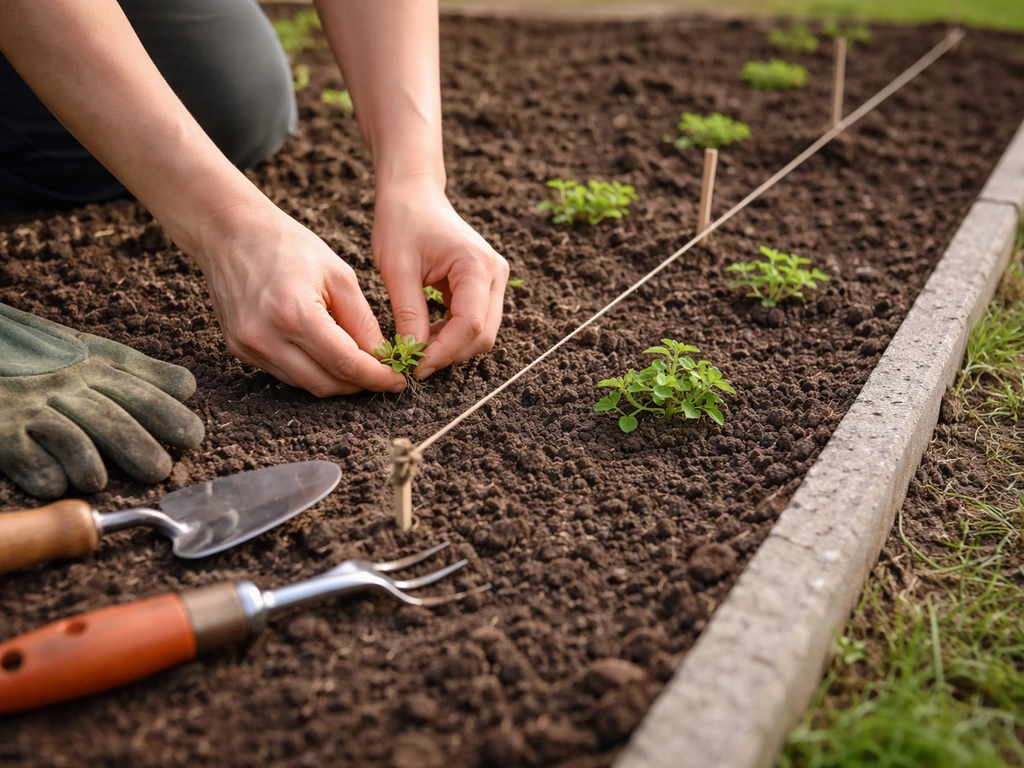 Hands clearing weeds in a bare garden bed with string lines and spaced ground-cover seedlings near clean edging.