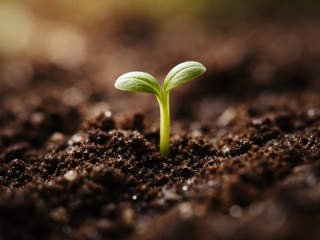 A young seedling emerging from soil with visible cotyledons and tender green leaves.