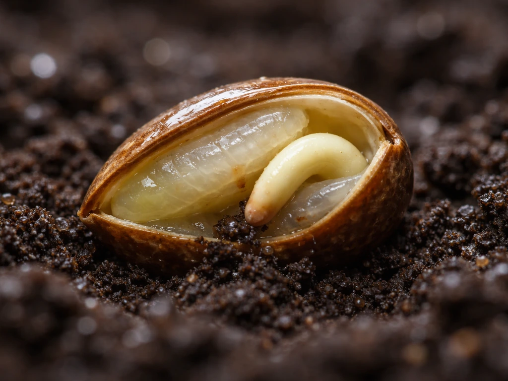 Macro cross-section of a germinating seed with swelling tissues and a radicle emerging into moist soil.