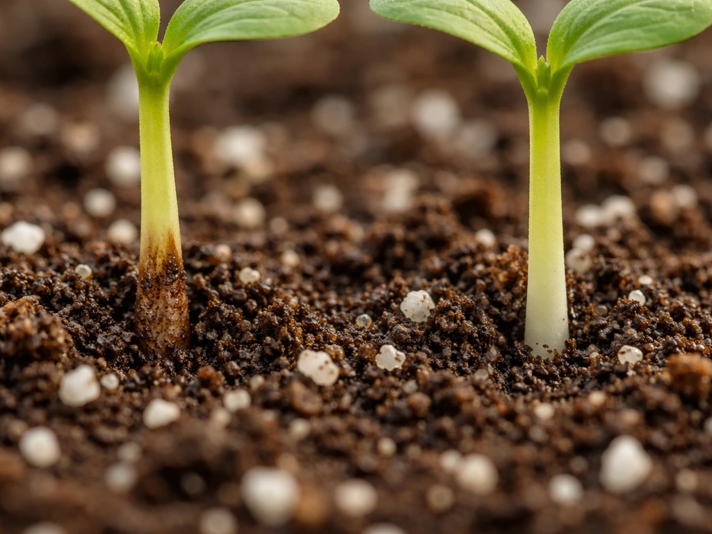 Close-up comparison of a diseased seedling stem base with a healthy seedling in soil.