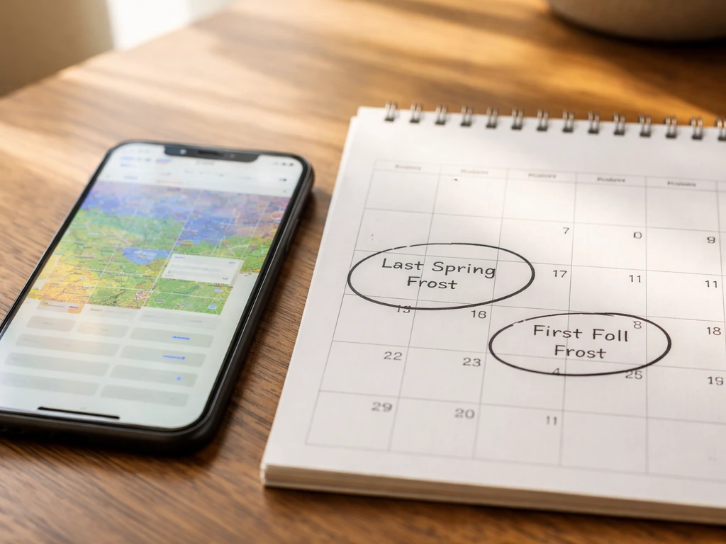 Close-up of a phone showing a USDA zone lookup next to a calendar with frost dates.