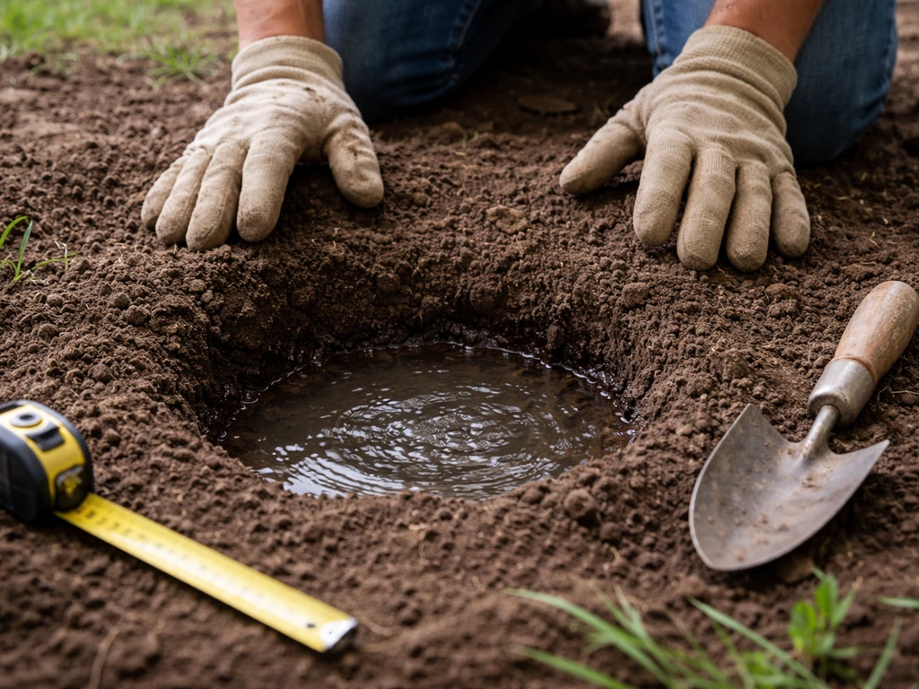 Gloved hands over a small water-filled hole in soil, showing drainage test in a garden bed.