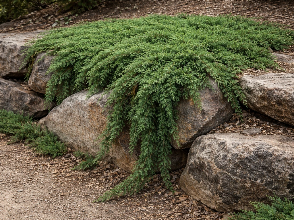 Creeping juniper spilling over a rocky slope, filling crevices with tough low-growing coverage.