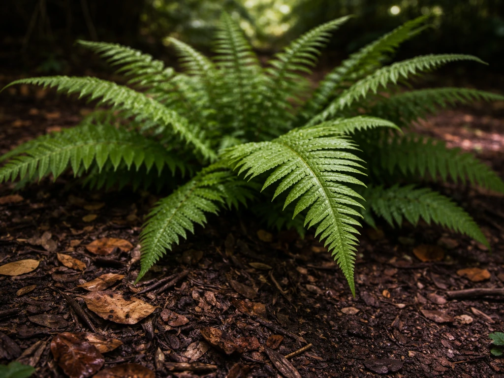 Close view of a sword fern thriving in a shady, moist garden bed with leaf litter and mulch.
