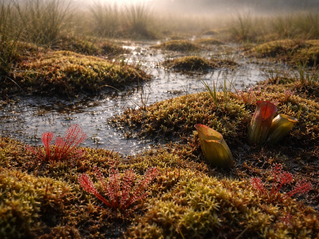 Sunlit nutrient-poor bog with wet Sphagnum moss and sundews/pitcher plants growing in peaty ground.