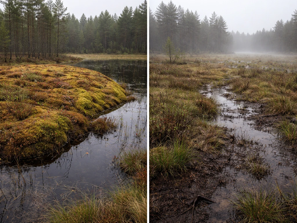 Side-by-side view of a dome-like raised bog and a flatter, seepier poor fen wetland edge.
