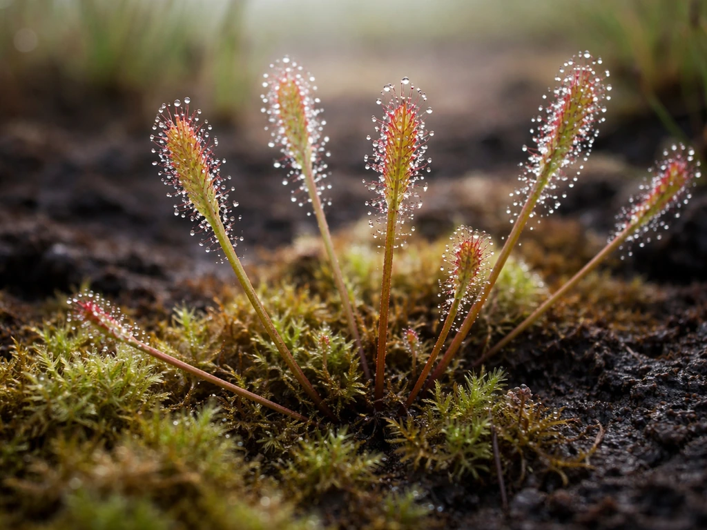 Ground-level view of English sundew on Sphagnum moss with dew droplets in an acidic bog.