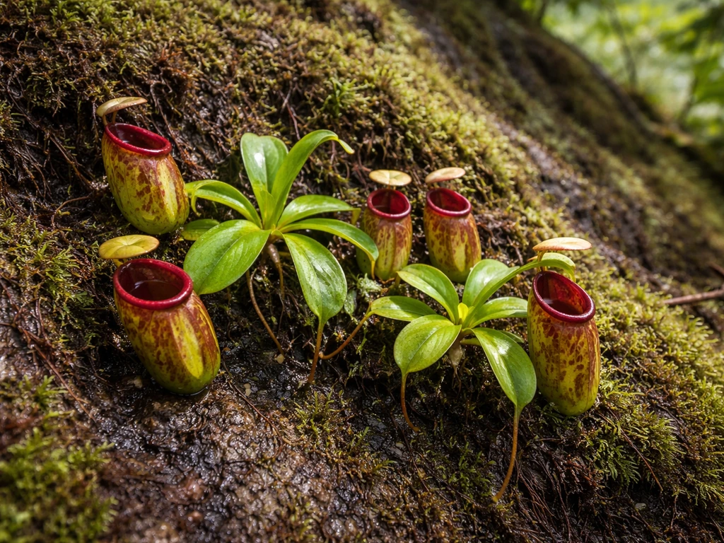 Nepenthes pitcher plants on a mossy tropical ridge with wet organic matter and sunlit pitchers.