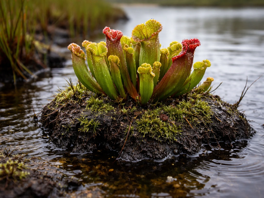 Close-up of a waterlogged bog edge with saturated peat and standing water around carnivorous plant bases