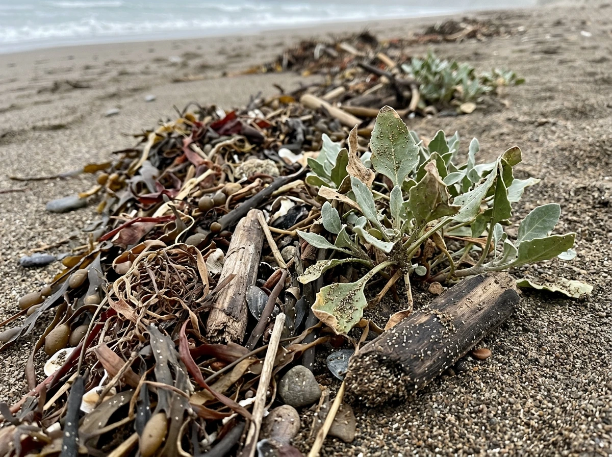 Wrackline area on upper beach with sparse vegetation and salt-stressed leaves