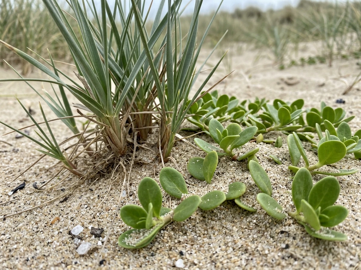 Close-up of beach plant ID cues like leaf shape and growth habit
