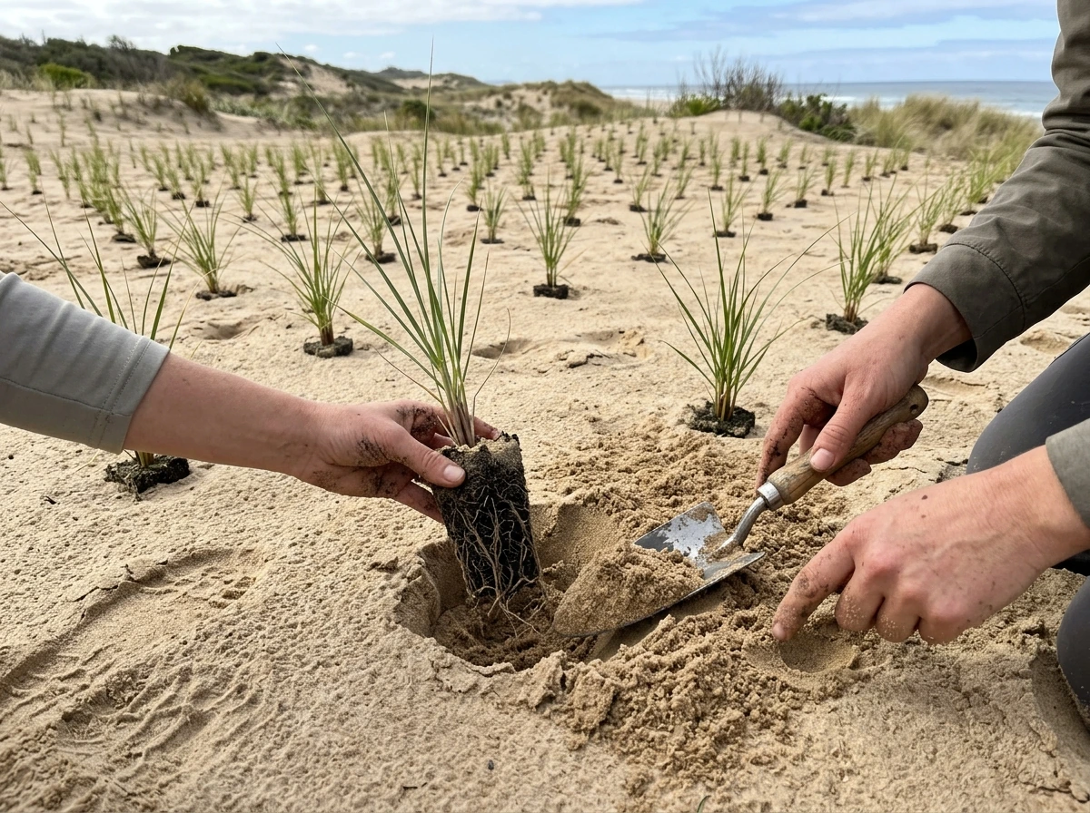 Spaced dune planting setup showing roots as stabilization anchors