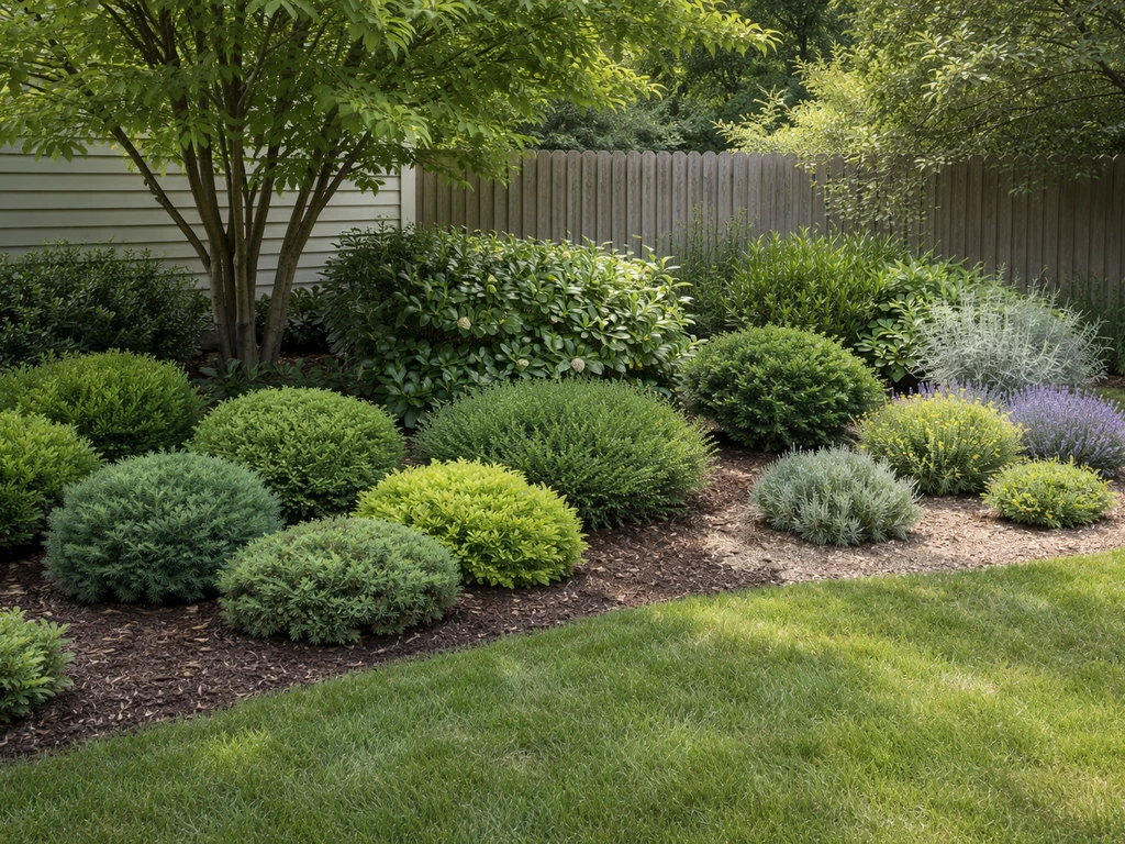 Hardy shrubs thriving in one yard across sunny, partial shade, and slightly dry spots.