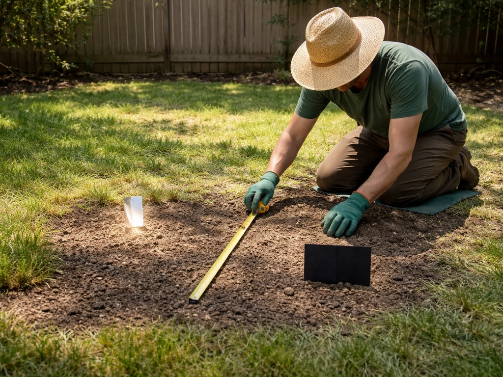Person measuring a garden area with tape measure and shade marker beside a simple sunlit yard corner.
