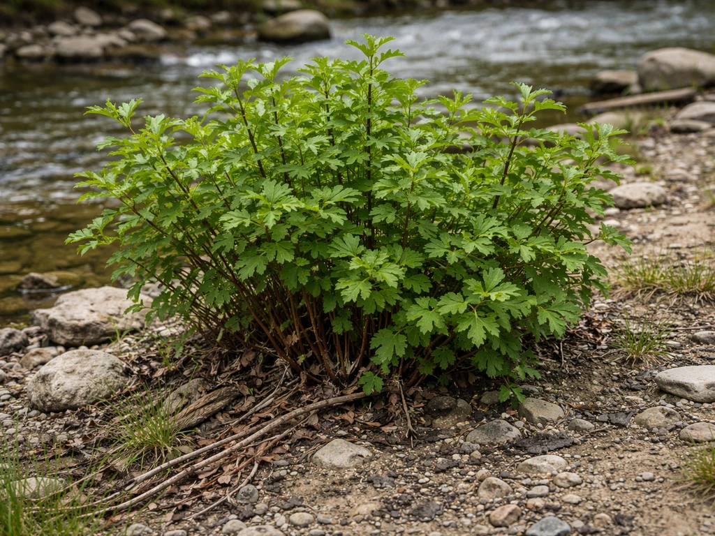 Ninebark shrub growing on rocky, disturbed soil near a stream, with tough foliage in natural light.