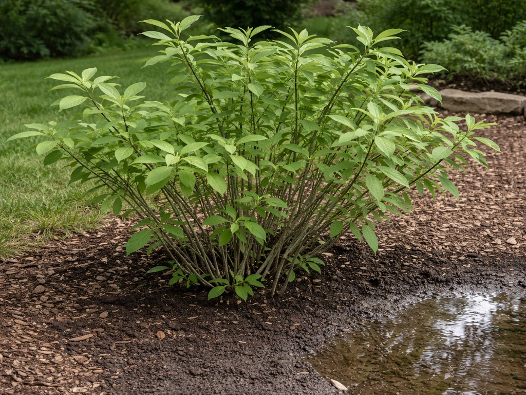 Gray dogwood shrub with textured gray stems and varied green leaves near a damp garden border.