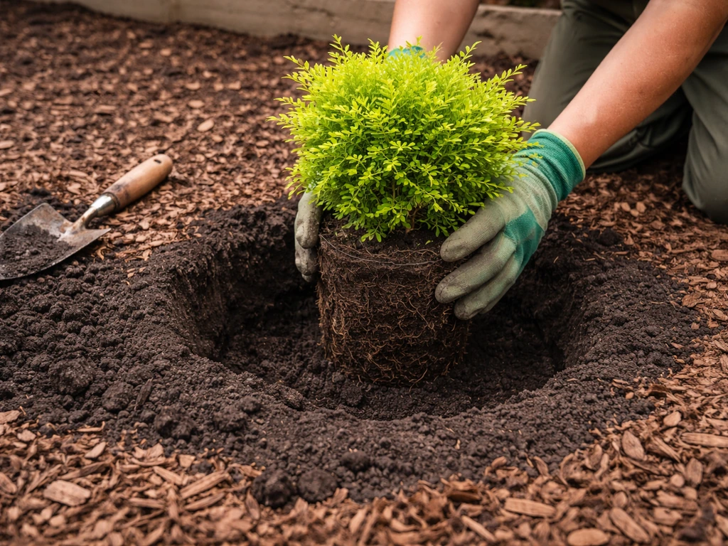 Gloved hands place a potted shrub into a freshly dug hole, soil amended and mulch applied.