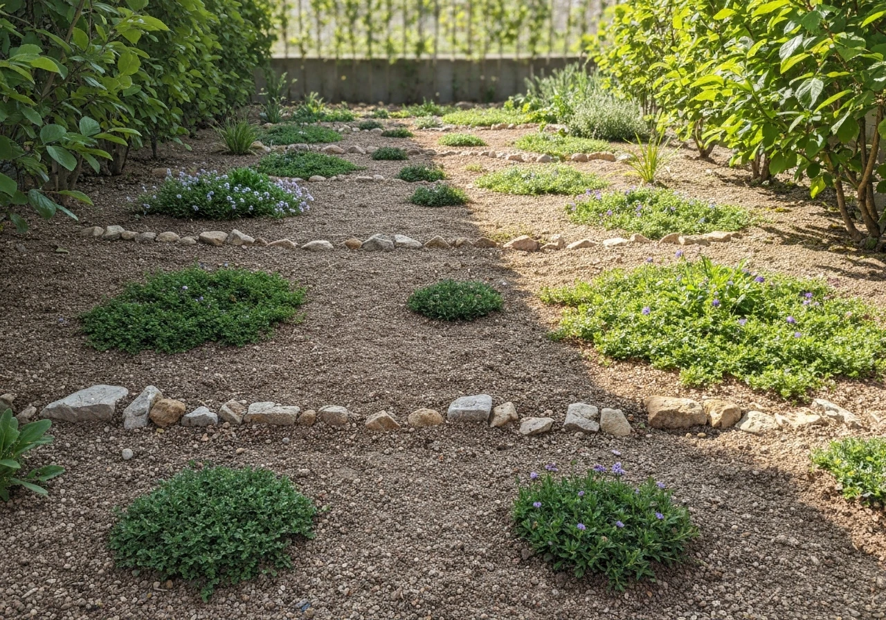 Shallow rocky garden bed with low groundcovers and small flowers thriving across thin gritty soil.