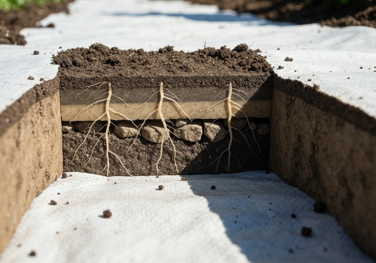 Garden soil cross-section showing roots near the surface above hardpan/rocks that limit root depth.