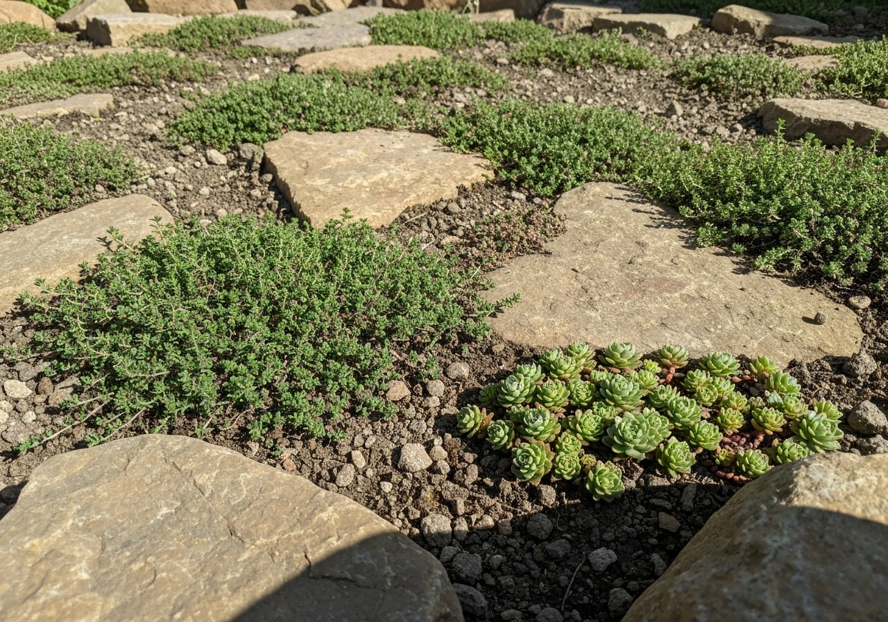 Low creeping groundcovers spreading over a thin rocky soil bed.