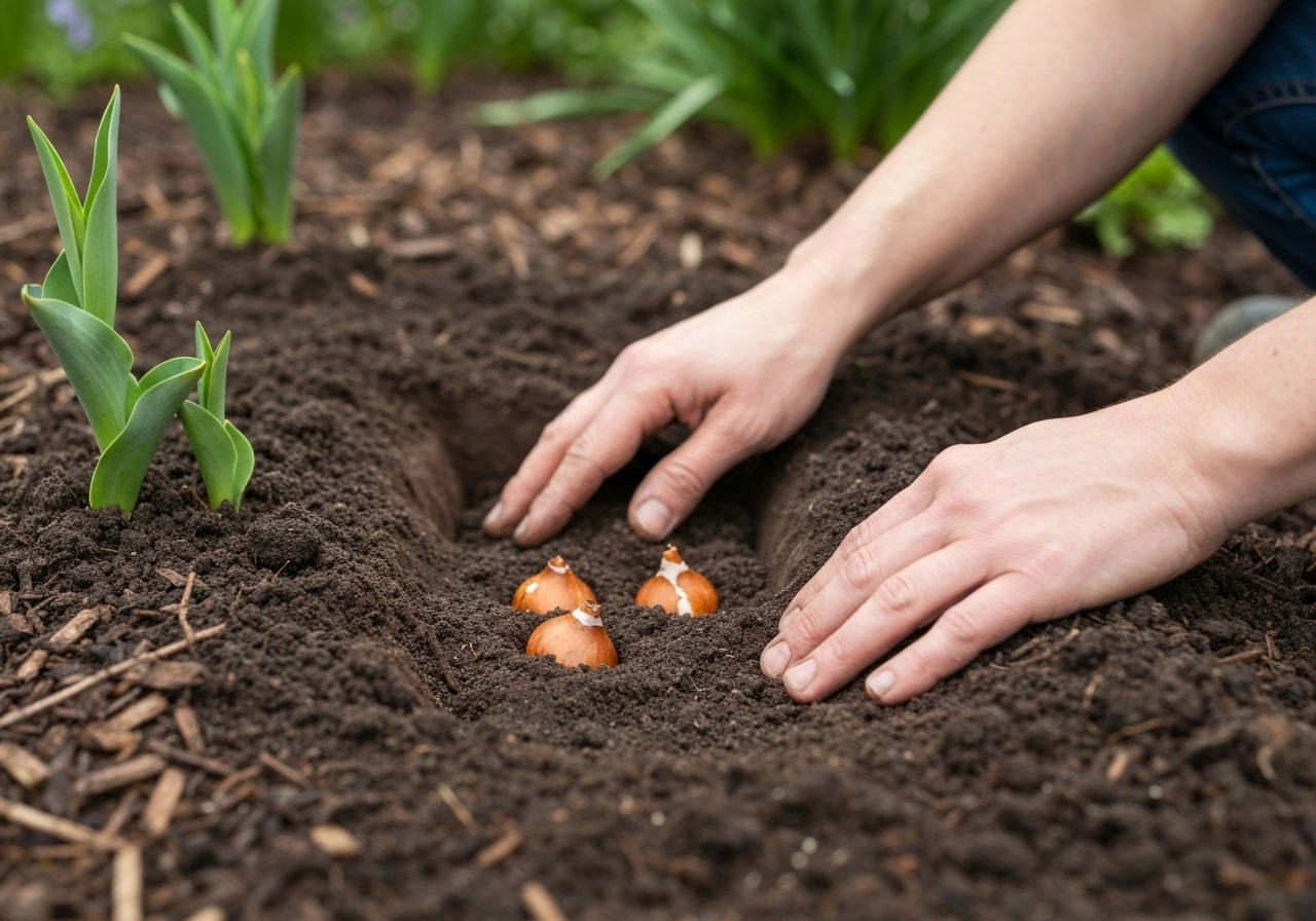 Freshly planted shallow tulip bulbs nestled in dark soil with hands backfilling the bed
