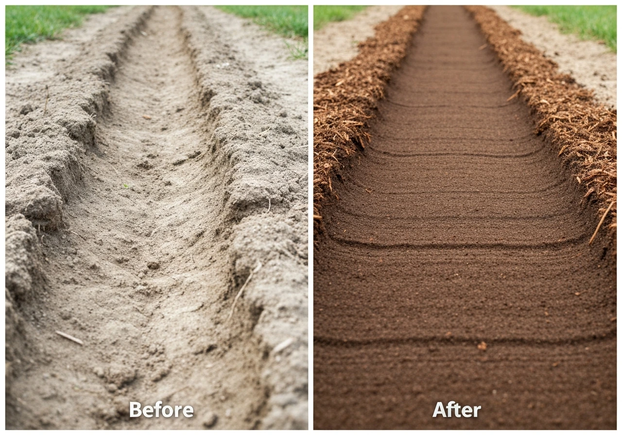 Split view of shallow garden soil before and after mulch, showing moisture and erosion reduction