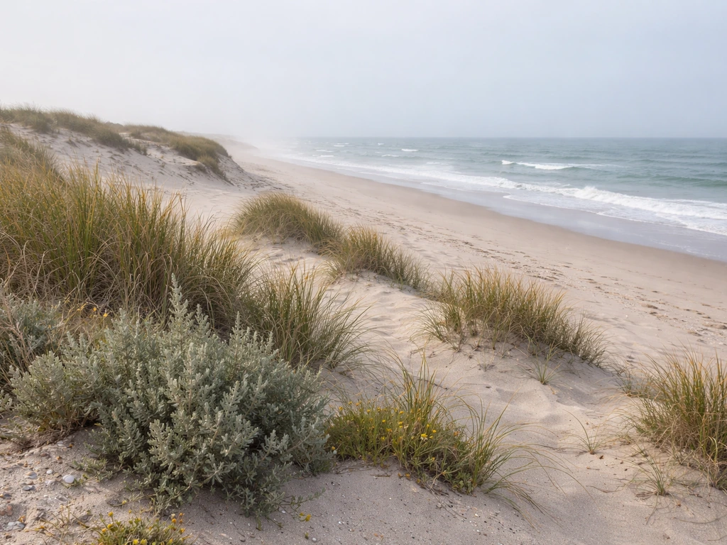Salt-tolerant dune plants growing at the shoreline with waves and sea mist in the background.