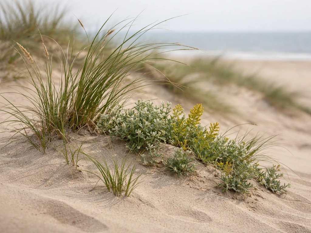 Wind-swept beach dune plants rooted in sand at a foredune/backdune edge with salt-spray context.