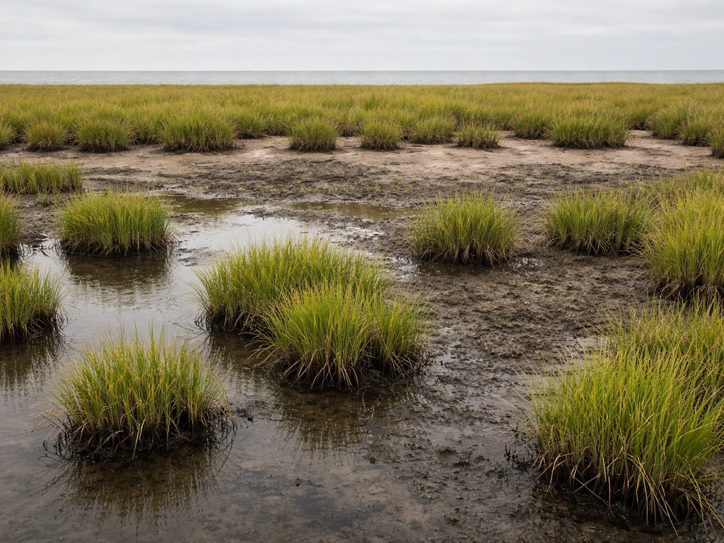 Salt marsh showing a clear low-marsh standing-water zone and a higher, drier grass zone with floodline transition.