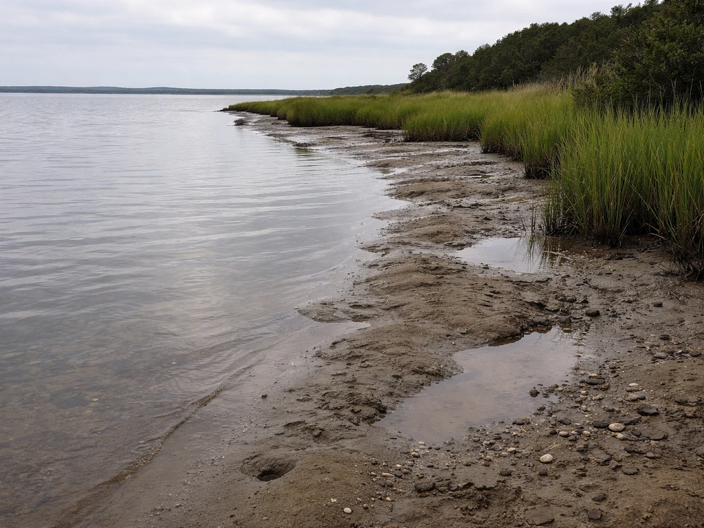 Shoreline mudflat fringe with brackish plants at an estuary transition zone showing tidal wet-dry effects
