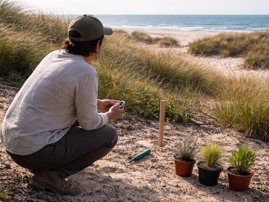 Person at a coastal garden bed measuring distance to the water and checking wind exposure before planting.