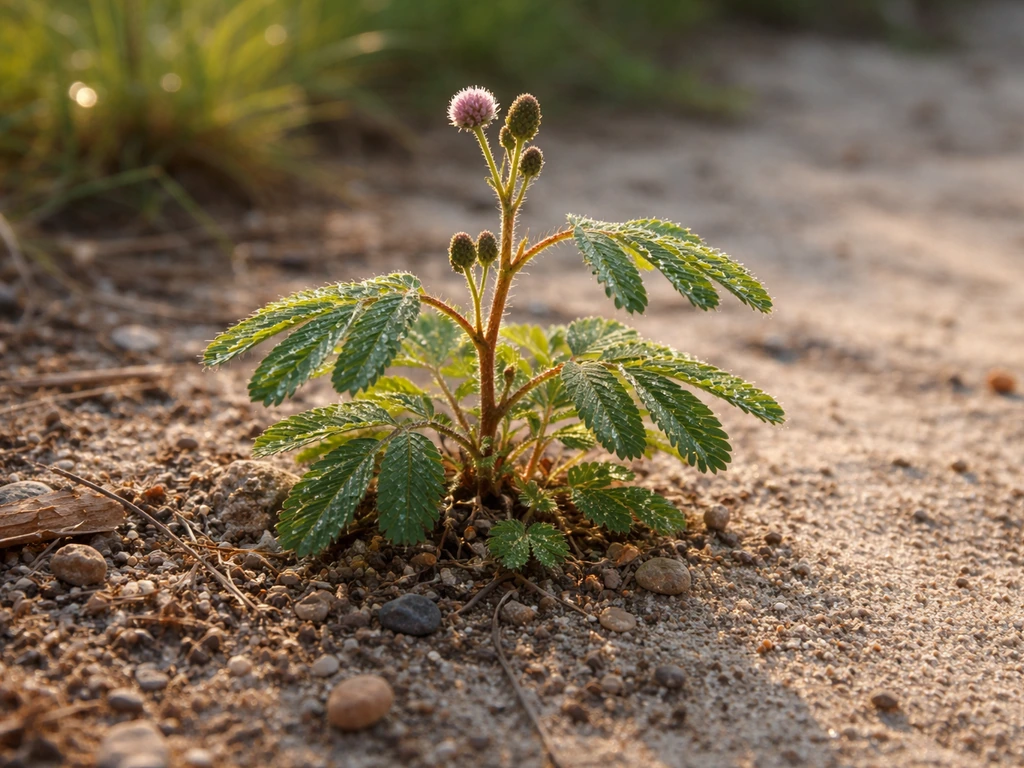 Bright sunlight on a Mimosa pudica at the edge of disturbed soil, leaves partially folded.