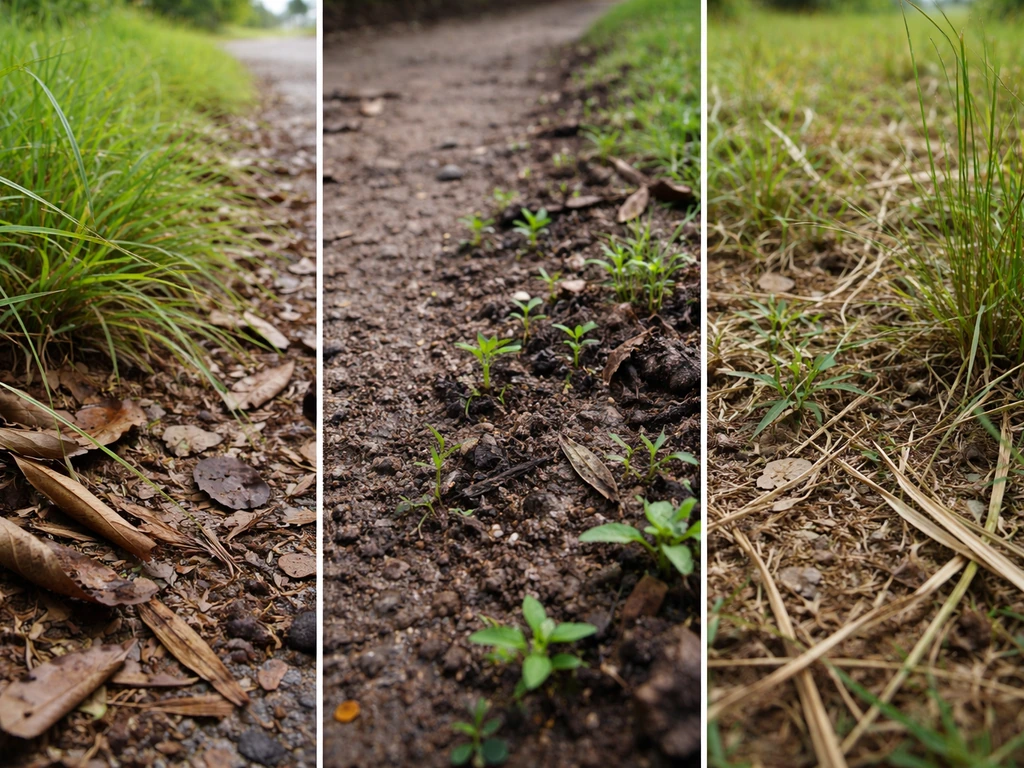 Close-up of tropical roadside verge, unpaved track edge, and degraded pasture margin plants and soil