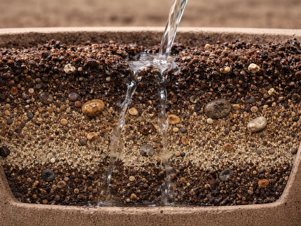 Close-up cutaway of sandy/loamy soil with water percolating downward through well-draining layers.