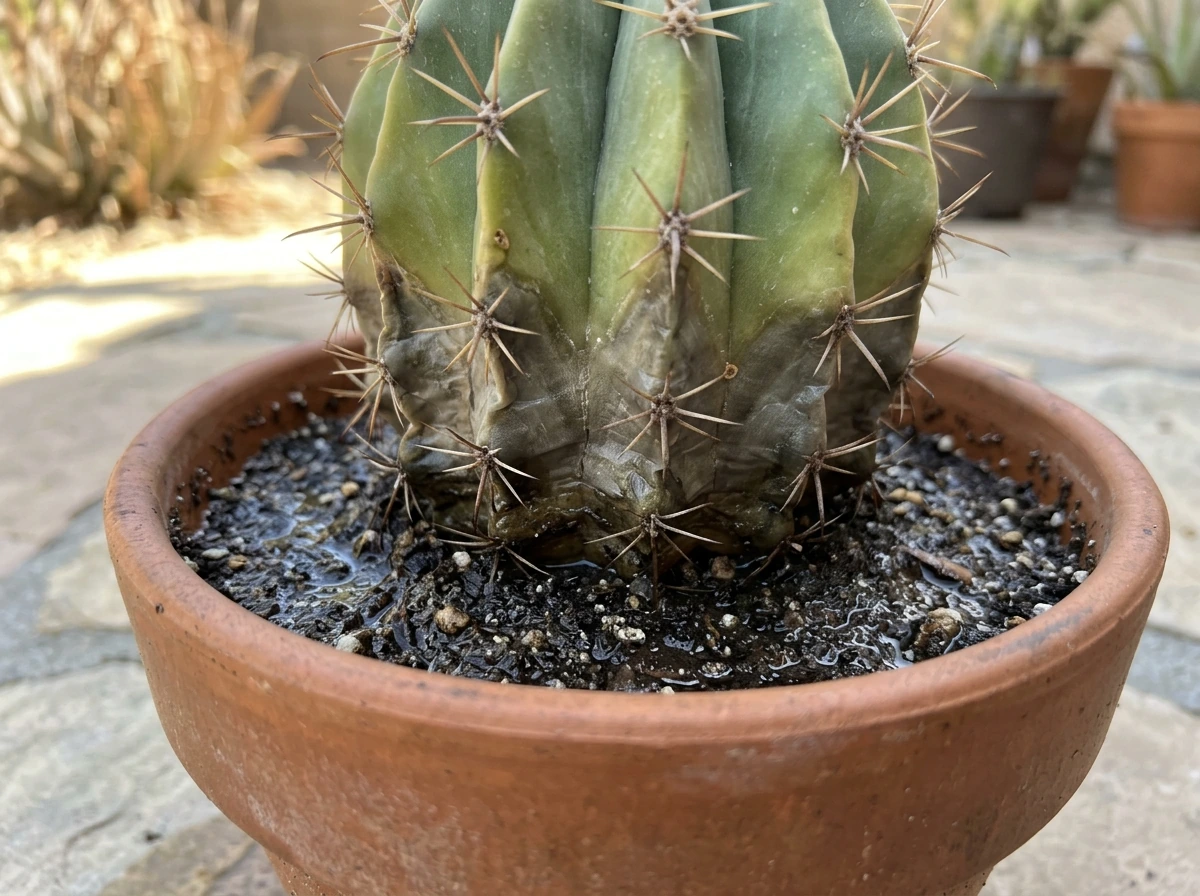 Cacti or succulent in container showing damage from waterlogged conditions