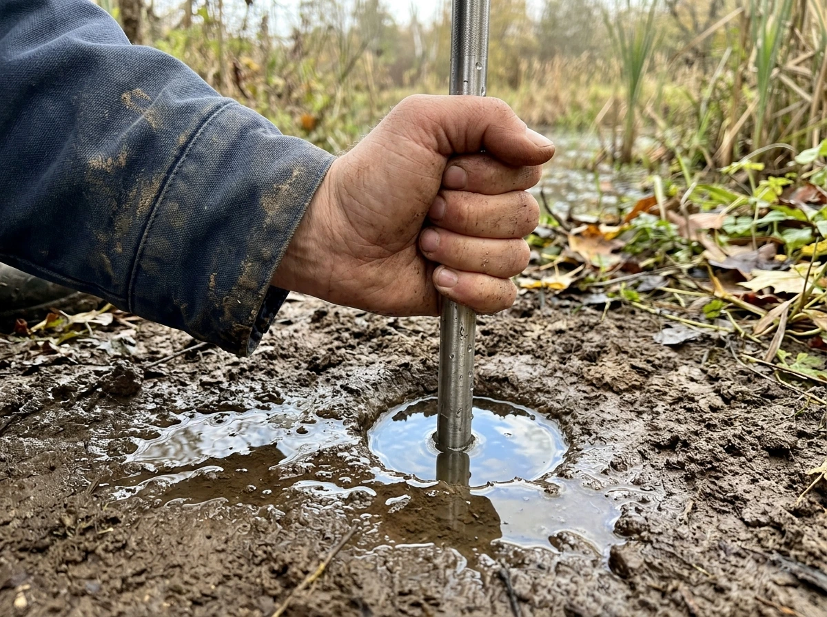 Person pushing a metal rod to check how fast water rises