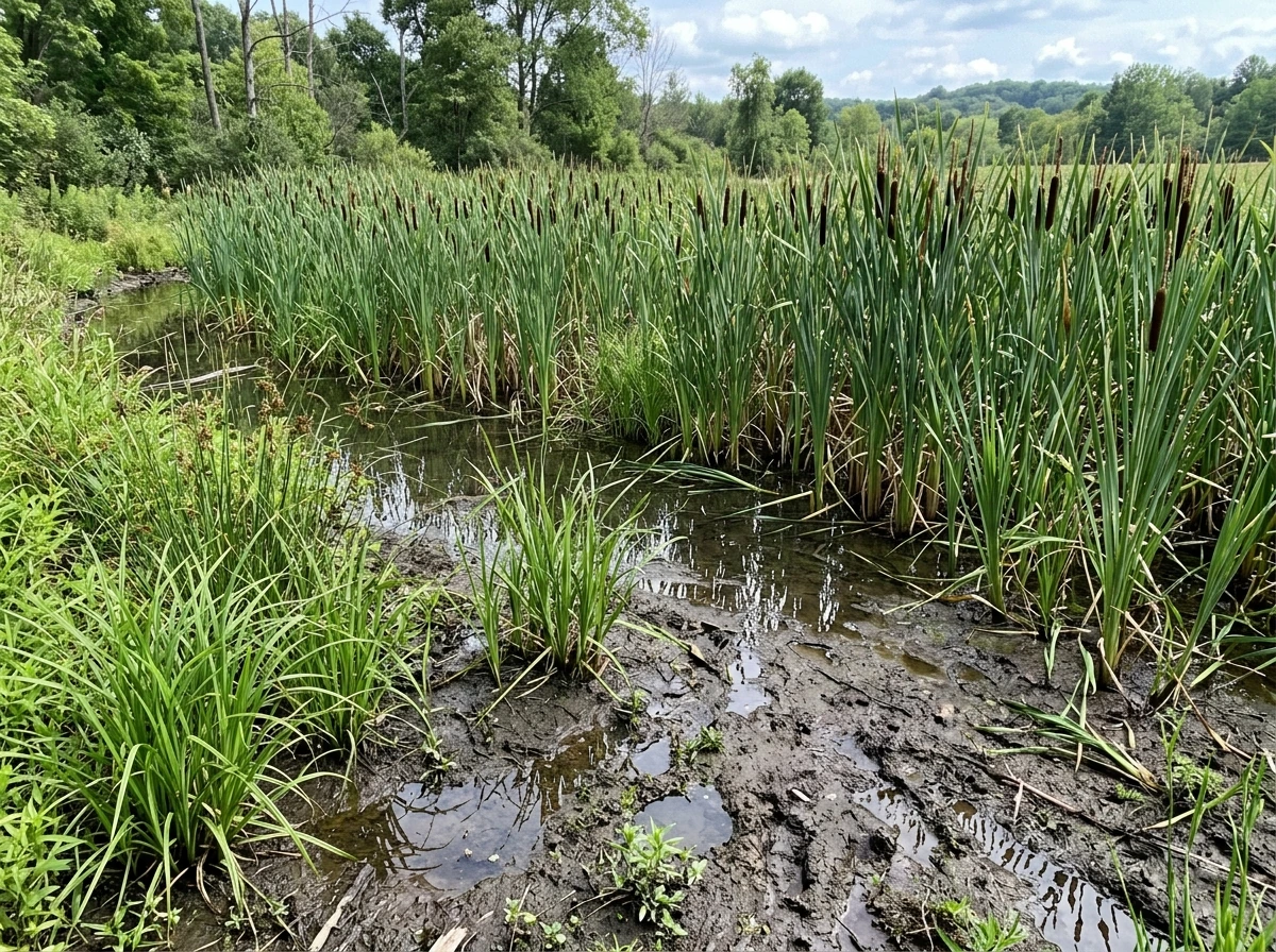 Cattails and other plants growing in a wet hydrophytic indicator zone
